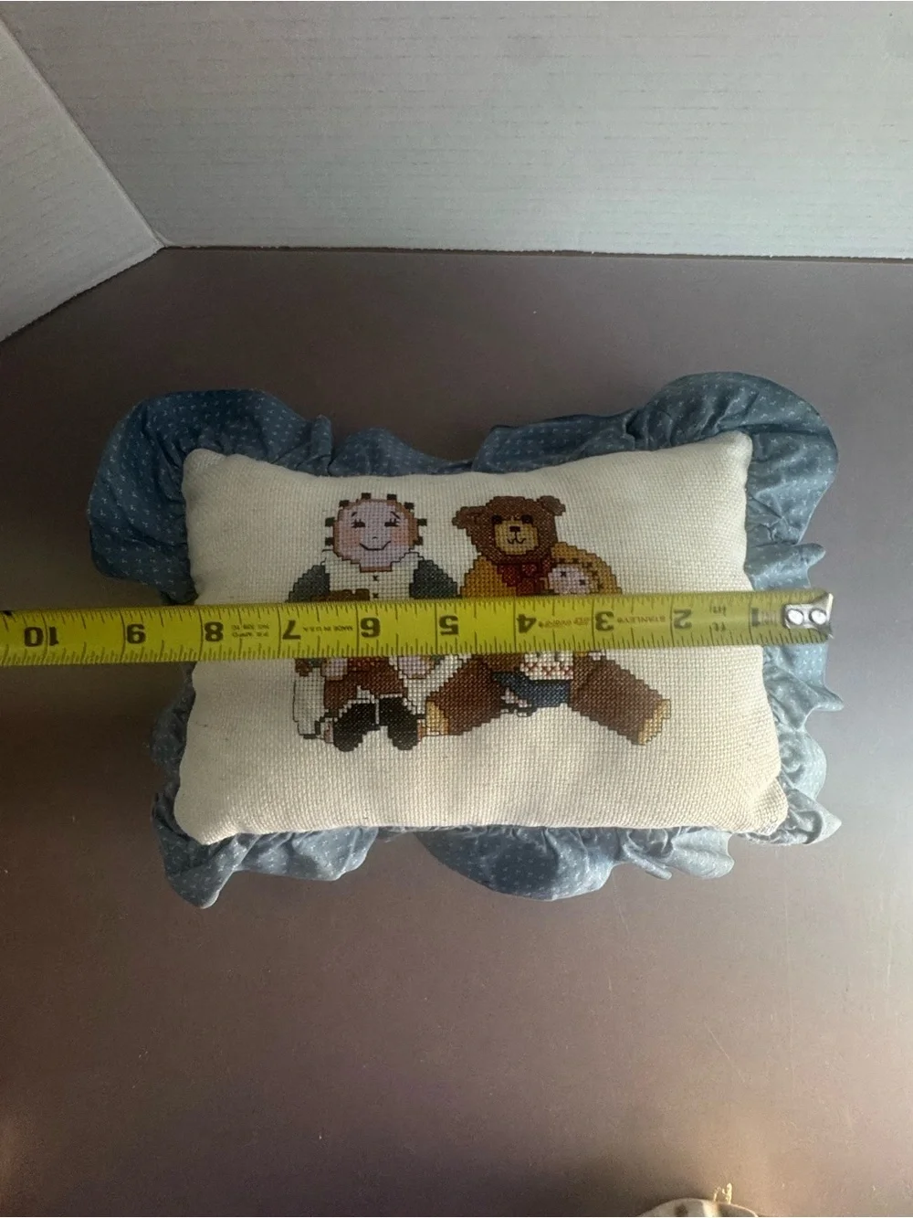 Handmade Cream Cross-Stitch Doll & Bear Accent Pillow with Blue Ruffle